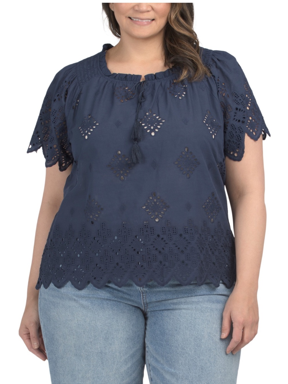 New! Adiva Women’s Navy Eyelet Cotton Peasant Plus Size Top 2X